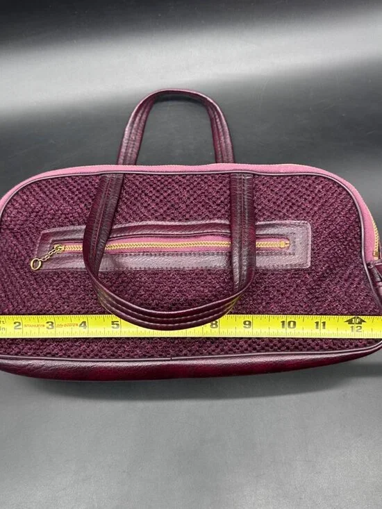 Vintage Purse Handbag 1970s Burgundy Woven Faux Leather Dual Handles Retro Fashi - Picture 10 of 12